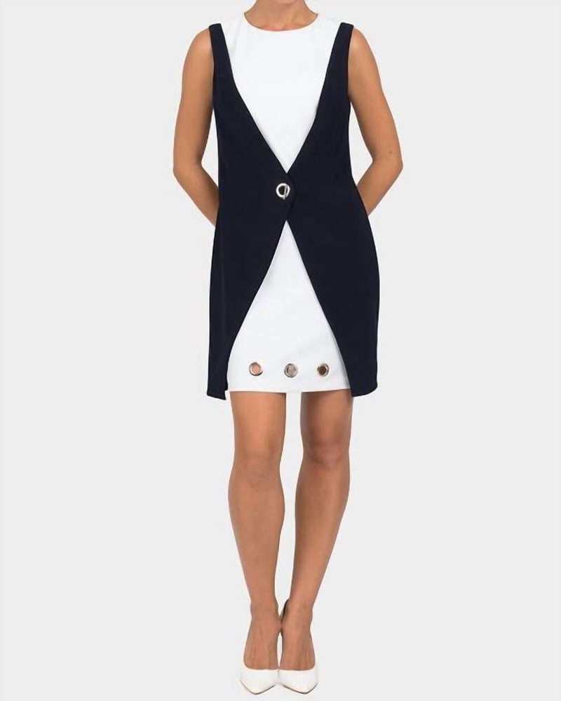 Front of a model wearing a size 10 Tunic Dress In Navy/White in Navy/White by Joseph Ribkoff. | dia_product_style_image_id:346415